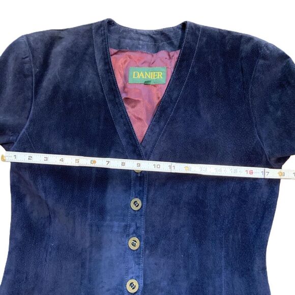 Danier Blue 5-Button V-Neck Long Sleeve Genuine Leather Blazer Jacket VTG Med - Picture 8 of 14